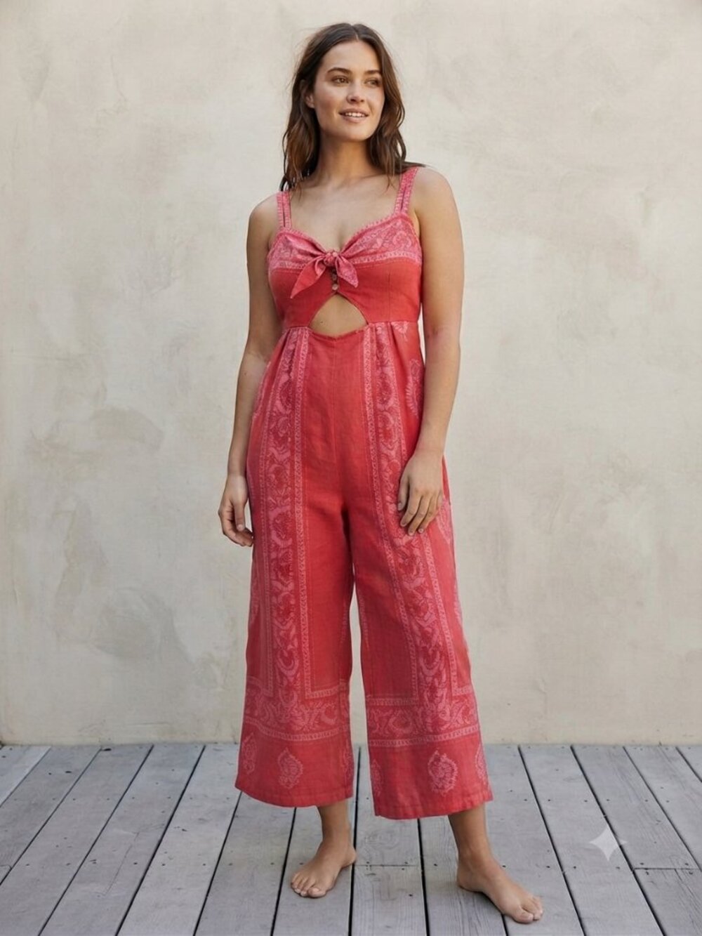 Free People Feel The Sun Linen Bandana Paisley Cutout Jumpsuit Romper Red 6